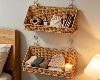 Woven hanging storage basket: hand-woven farmhouse-style home wall storage basket