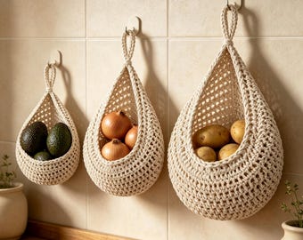 Woven Cotton Rope Hanging Fruit Net Bag, Boho Kitchen Produce Holde, Housewarming Gift