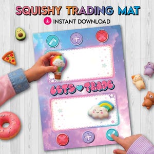 May include: A digital squishy trading mat featuring a pastel cloud background, two large rectangular frames for items, and the text "LET'S TRADE" in the center. The design includes colorful icons, a hot air balloon, and a rainbow cloud graphic.