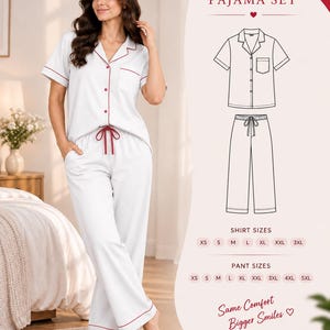 May include: A white pajama set featuring a short-sleeved button-down shirt with a collar and a chest pocket, paired with matching long pants. Both pieces have dark red piping trim. The pants include a drawstring waist. Text reads PAJAMA SET.