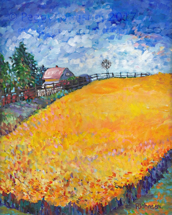 Gold wheatfield farm house impressionistic landscape CANVAS OR Etsy