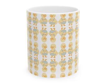 Hand-Drawn Duckling Pattern Ceramic Mug | Whimsical Storybook Coffee Cup