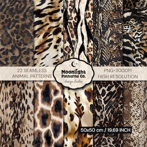 Può includere: Una collezione di 22 motivi animali senza cuciture con stampe leopardate, tigrate, zebrate e pelle di serpente in tonalità marrone, nero e beige. L'immagine include il testo Moonlight Patterns Co. design studio, 22 SEAMLESS ANIMAL PATTERNS, PNG 300DPI HIGH RESOLUTION e 50x50 cm / 19.69 INCH.