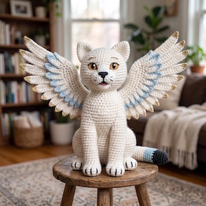 May include: A white crocheted cat figurine with large, spread wings featuring light blue accents and gold-tipped feathers. The cat has amber eyes, a black nose, and a tail with blue and black stripes, sitting upright on a wooden stool.