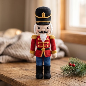 Könnte beinhalten: Eine gehäkelte Nussknacker-Puppe mit einem hohen schwarzen Hut mit Goldverzierung, einer roten Jacke mit goldenen Knöpfen und gelben Akzenten, blauer Hose und schwarzen Stiefeln. Die Puppe hat einen weißen Bart, einen schwarzen Schnurrbart und rote Wangen.