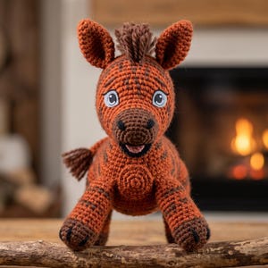 May include: A crocheted stuffed animal shaped like a zebra with a rust-orange and dark brown striped pattern. The toy features a tuft of brown yarn on its head, a small tail, and large, expressive eyes with white sclera and dark pupils.