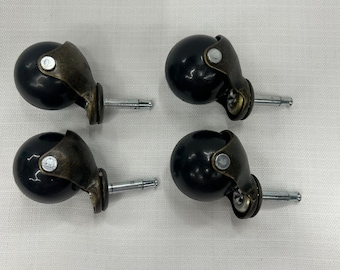 Vintage Set 4 Hooded Ball Casters Black 2" Wheels Stem Furniture Chair Brass