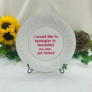 May include: A white ceramic plate with a silver-toned rim and a delicate embossed floral pattern along the edge. The center features the text in pink: i would like to apologize to absolutely no one.. get fucked. The plate rests on a black stand.