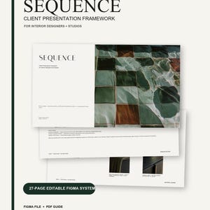 Puede incluir: Un sistema Figma editable de 27 páginas titulado SEQUENCE Client Presentation Framework para diseñadores de interiores y estudios. El documento incluye páginas con texto, especificaciones de proyectos y una fotografía de azulejos de piscina verdes y marrones.
