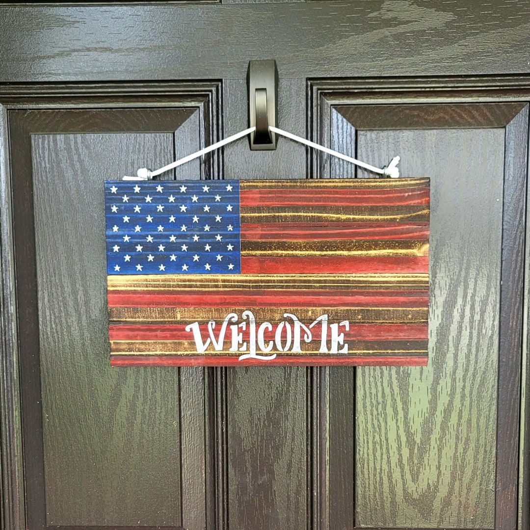 Welcome Sign - Country Font - Handmade Wooden American Flag - Art Work ...