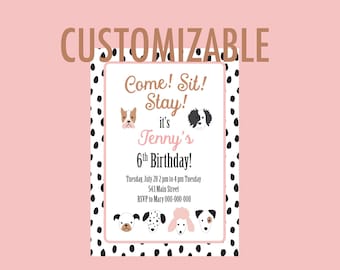 Faire-part personnalisable de fête d'anniversaire de petit chien avec des chiots originaux mignons de dalmatien