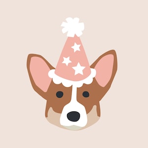 Verjaardag Puppy Dogs 2.0 in feestmutsen op crème achtergrond - kunst aan de muur voor feestjes en kinderkamerdecoratie