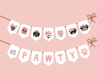 Bannière de fête d'anniversaire chiot chien pour Pawty mignon - chiots 2.0 fleur à pois - visages de chiots, mots, Let's Pawty