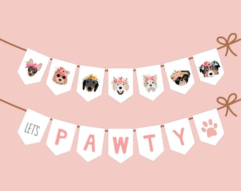 Puppy Birthday Party Banner: Flower Crown Dogs Let's Pawty Digital Download