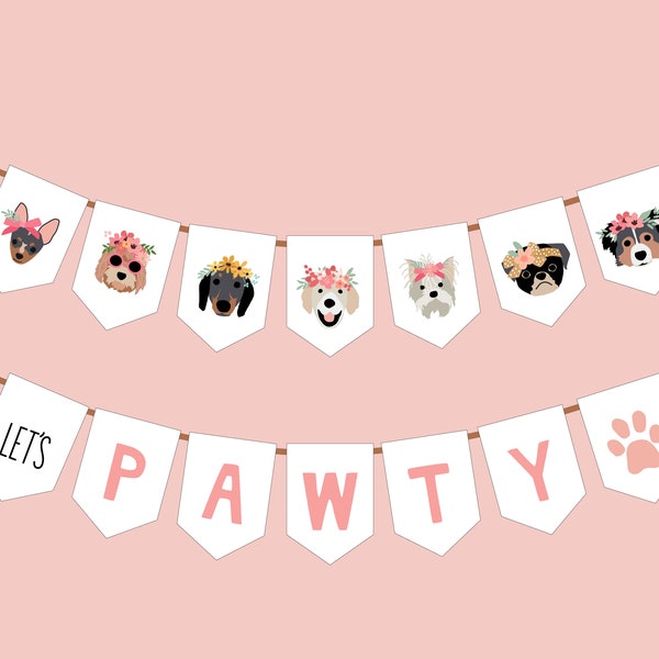 Puppy Dog Birthday Party Banner for Cute Pawty - Puppies 2.0 flower dot -Puppy Faces, Words, Let's Pawty