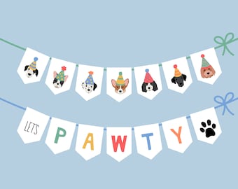 Puppy Dog with Birthday Hats Party Bright Banner for Cute Pawty  - Puppy Faces 2.0, Words, Let's Pawty