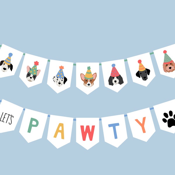 Puppy Dog with Birthday Hats Party Bright Banner for Cute Pawty  - Puppy Faces 2.0, Words, Let's Pawty