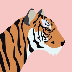 K&ouml;nnte beinhalten: Nahaufnahme eines Tigerkopfes mit orangefarbenen und schwarzen Streifen vor einem rosafarbenen Hintergrund. Das Auge des Tigers ist sichtbar und das Fell ist detailliert.