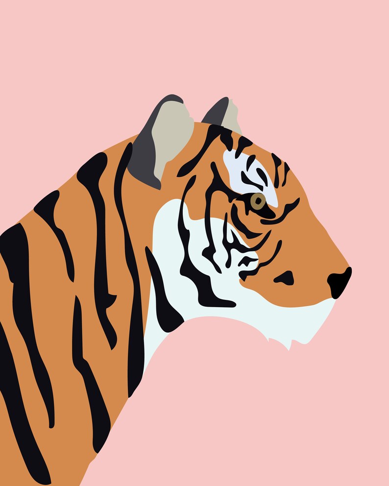 K&ouml;nnte beinhalten: Nahaufnahme eines Tigerkopfes mit orangefarbenen und schwarzen Streifen vor einem rosafarbenen Hintergrund. Das Auge des Tigers ist sichtbar und das Fell ist detailliert.