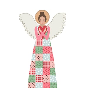 May include: A digital illustration of an angel holding a red heart. The angel has white wings, a halo, and a patchwork dress in red, green, and blue squares with star, heart, and dot patterns. The angel's top is pink.