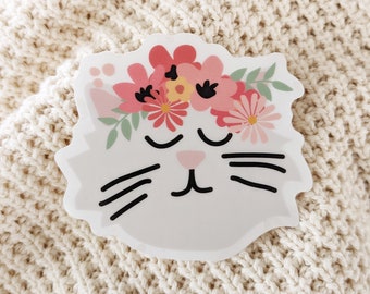 Kitty Cat Flower Crown Sticker - waterproof sticker - waterbottle sticker