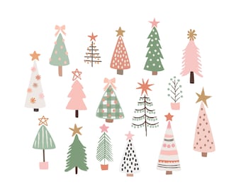 Könnte beinhalten: Eine Sammlung von 15 handgezeichneten Weihnachtsbäumen in verschiedenen Stilen und Farben, darunter rosa, grün, weiß und braun. Die Bäume sind mit Sternen, Schleifen und Punkten verziert.