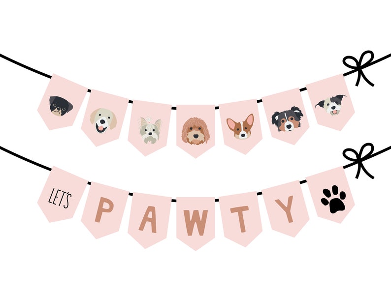 Puppy Dog Birthday Party Pink Banner for Cute Pawty Puppy Faces 2.0, Words, Let's Pawty image 1