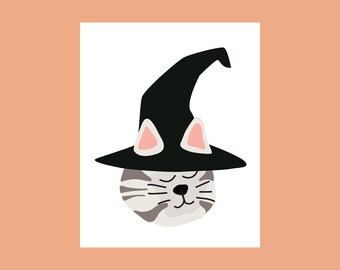 Halloween Kitty Cat Faces wall art posters witch, ghost, Dracula for decor, party, in cute pink orange black
