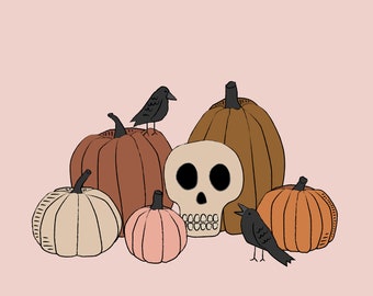 Vintage Halloween Skull, Pumpkins and Crows Posters for Decor and Wall art