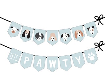 Puppy Dogs in Birthday Party Hats Banner for Cute Pawty - Original Puppy Faces, Words, Let's Pawty - original blue puppies