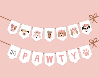 Bannière de fête d'anniversaire de chien chiot pour Pawty mignon - visages de chiot, mots, Let's Pawty - chiots originaux de fleurs