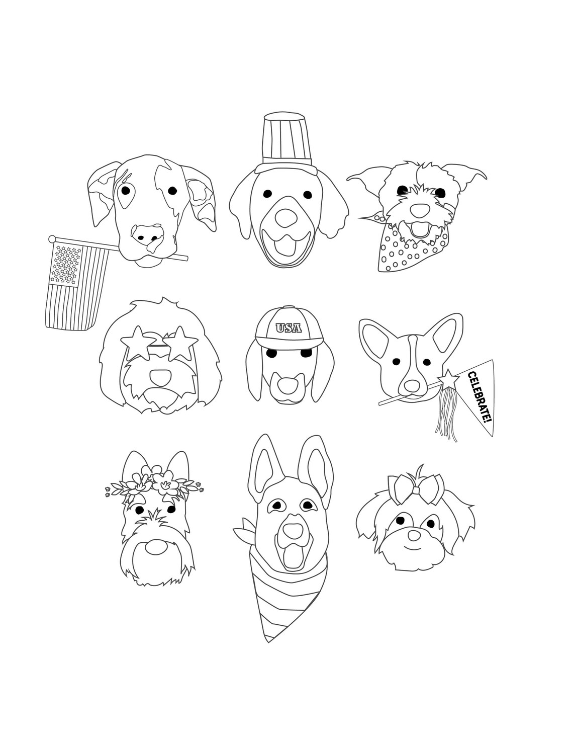 Patriotic 4th of July Puppy Dog Faces Coloring Pages - Etsy