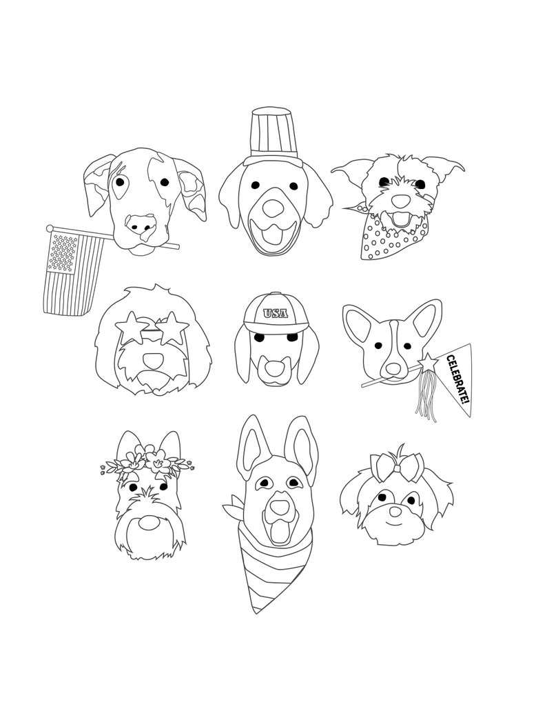 Patriotic 4th of July Puppy Dog Faces Coloring pages image 3