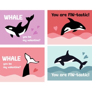 Orca Whale Classroom Valentine's Day Cards in Bright Colors Instant Download image 1