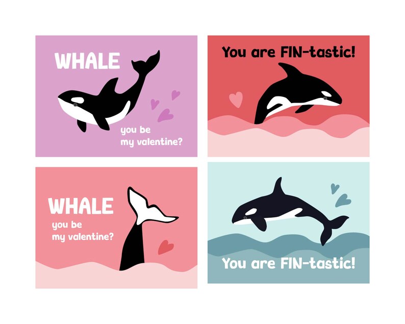 Orca Whale Classroom Valentine's Day Cards in Bright Colors Instant Download image 1