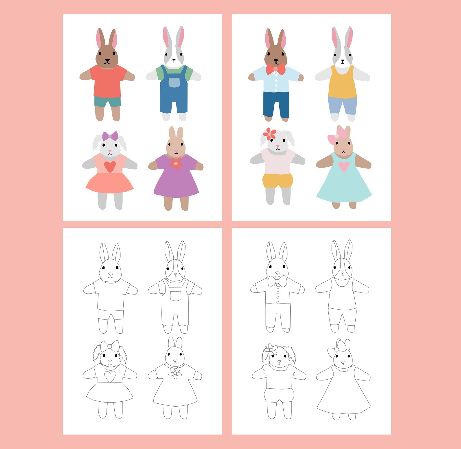 Bunny Paper Dolls Coloring Pages - Etsy