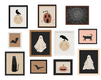 Vintage Halloween Ghosts Bats Pumpkins Black Cats Moon Crow Wall Art Decor Posters