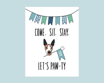 Puppy Birthday Blue Green Bundle for Cute Dog Pawty  -  Posters Cupcake Toppers Tags