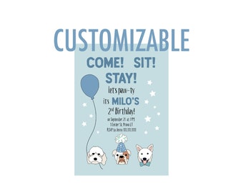 Customized Blue Green Puppy Dog Birthday Party Invitation with Pups in Birthday Hats