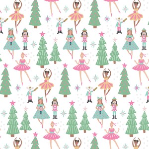 May include: A repeating pattern featuring ballerinas in pink and yellow tutus, green Christmas trees, nutcrackers, and mice. The design includes pink stars and snowflakes on a white background, creating a festive holiday theme.
