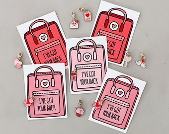 Cute Pink Backpack Valentine's Day Classroom Card perfect for adding darling Charms