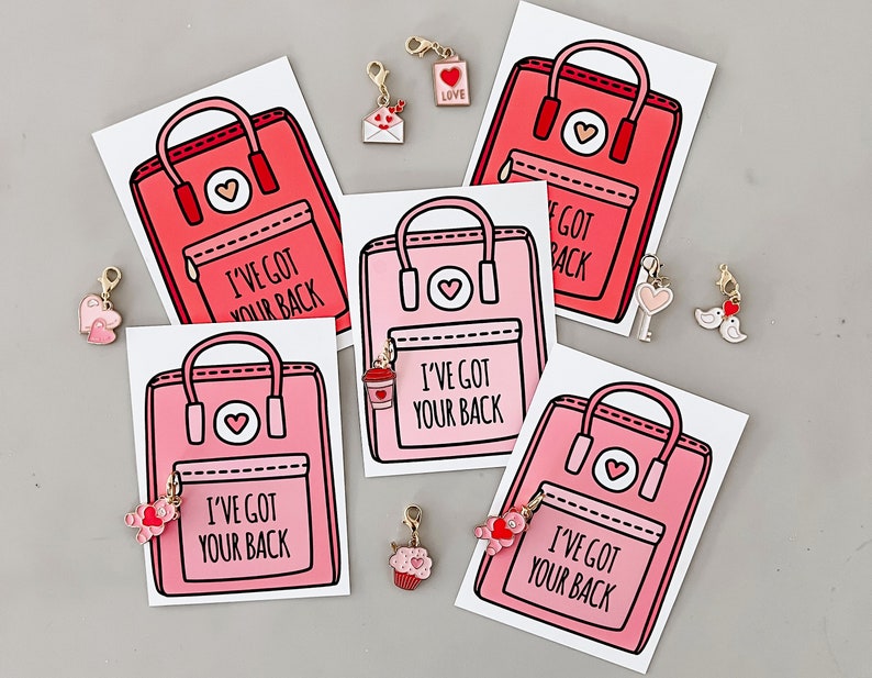 Cute Pink Backpack Valentine's Day Classroom Card perfect for adding darling Charms image 1