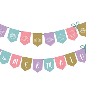 Mermaid Birthday Party Banner for Cute Digital Decorations with Starfish Seashells Fish Words &quot;Let&#39;s be Mermaids&quot;