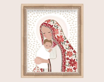 Christmas Nativity Art: Baby Jesus & Mary Illustration "Love is Born" Digital Download