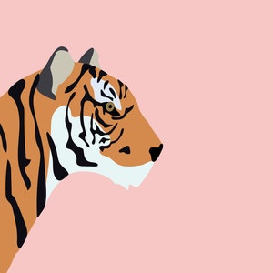 K&ouml;nnte beinhalten: Nahaufnahme eines Tigerkopfes mit orangefarbenen und schwarzen Streifen, der nach rechts schaut. Der Hintergrund ist hellrosa.