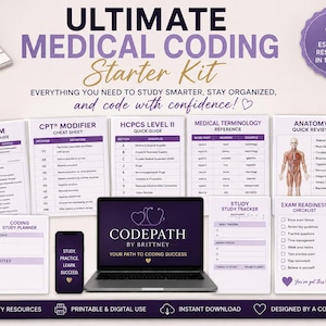 May include: A digital and printable medical coding starter kit bundle featuring ten resources including an ICD-10-CM guide, CPT modifier cheat sheet, HCPCS Level II guide, medical terminology reference, anatomy review, study tracker, and goal worksheets.