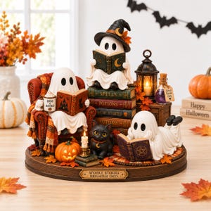 May include: A decorative Halloween figurine set featuring three white ghosts reading books, a black cat, a lit lantern, and a pumpkin on a base labeled SPOOKY STORIES BRIGHTER DAYS. The ghosts are posed on a red armchair and a stack of books.