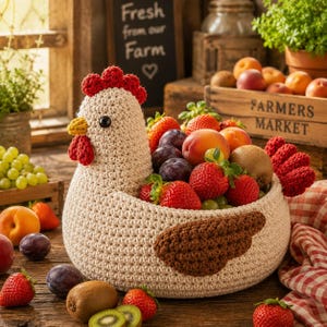 Può includere: Un cesto all'uncinetto color crema a forma di gallina riempito di frutta fresca, tra cui fragole, prugne e un kiwi. La gallina presenta una cresta e bargigli rosso vivo, un becco giallo e un'ala all'uncinetto marrone sul lato del corpo.