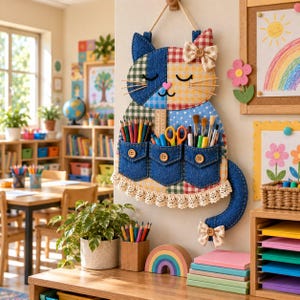Puede incluir: Un organizador de pared de tela con forma de gato y diseño de patchwork en patrones azules, amarillos y verdes. Incluye tres bolsillos de mezclilla con botones de madera, un borde de encaje y lazos decorativos. El gato sostiene lápices y tijeras.