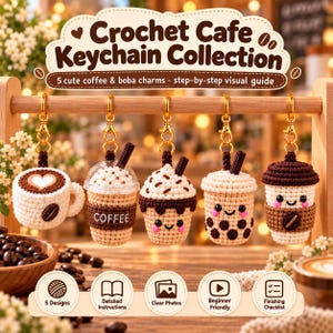 Pode incluir: Cinco chaveiros de crochê com temas de café e boba, incluindo uma caneca, café gelado e copos com rostos. O texto diz Crochet Cafe Keychain Collection, 5 cute coffee & boba charms - step-by-step visual guide, 5 Designs, Detailed Instructions, Clear Photos, Beginner Friendly, Finishing Checklist.